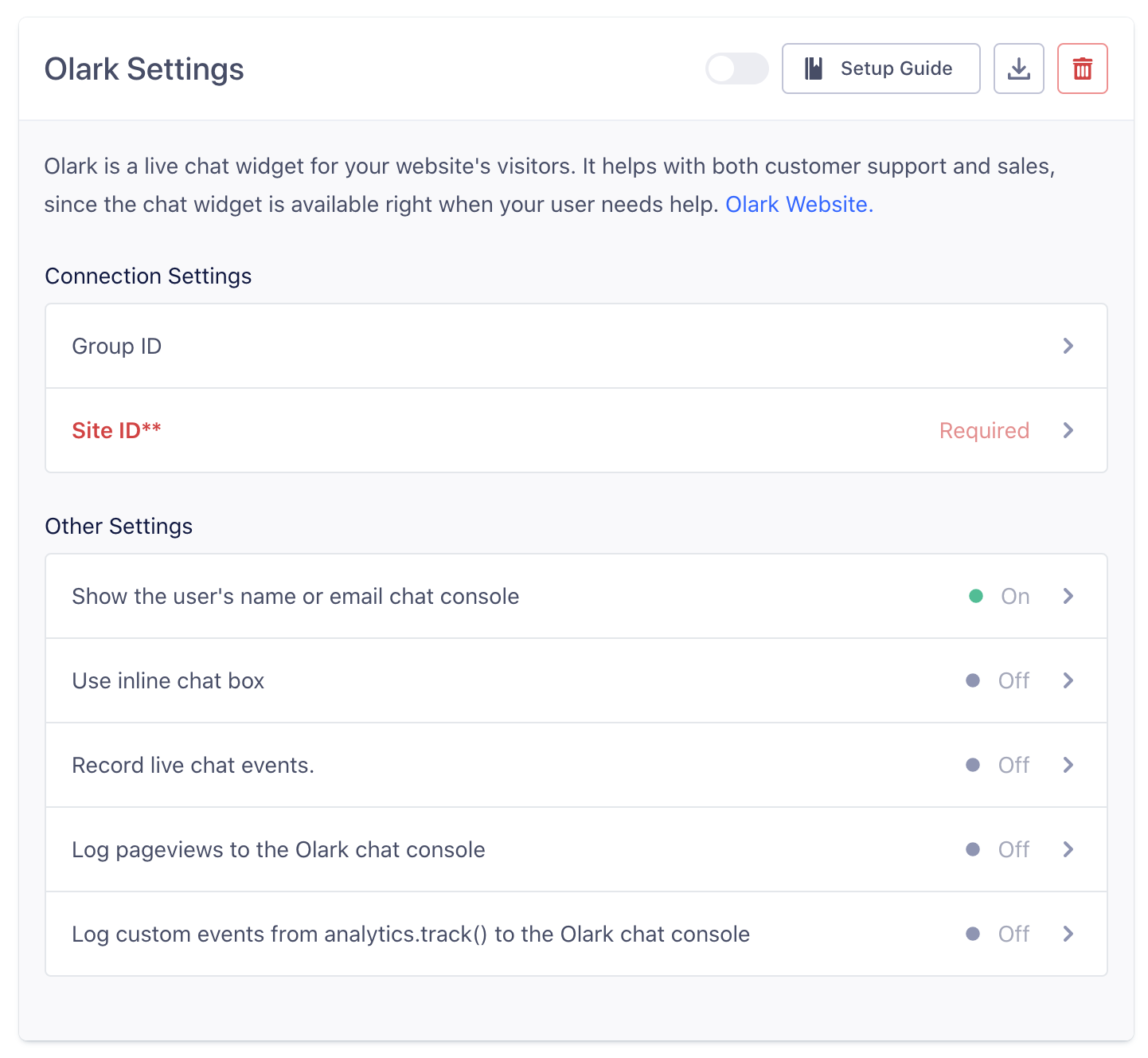 Screenshot of Olark UI with option to Record live chat events highlighted